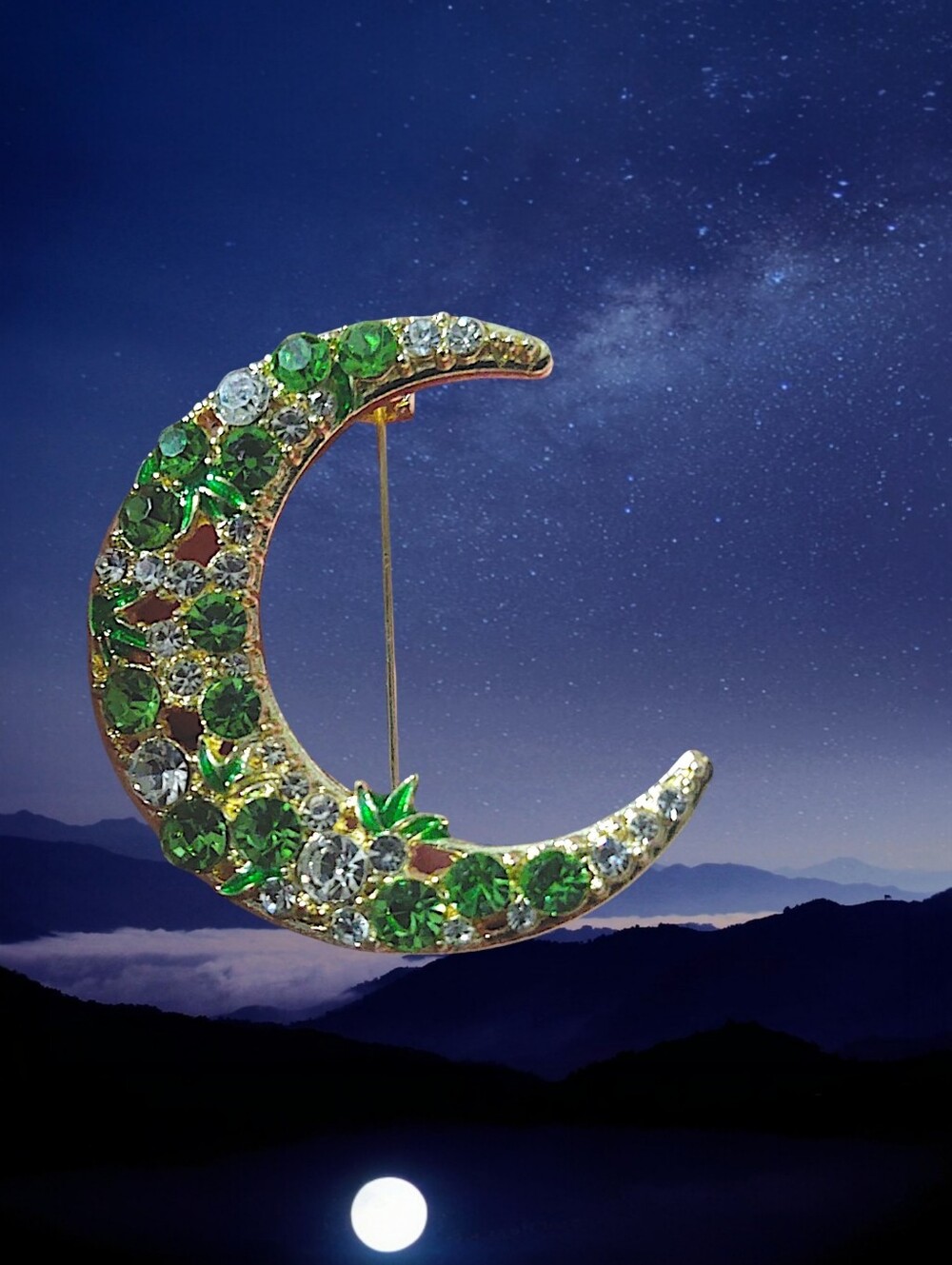 Crescent Moon Brooch with Green and Clear Crystals